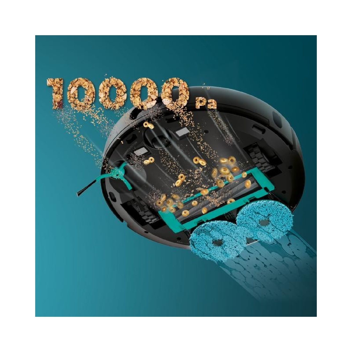Un robot aspirapolvere con il numero 10000 Pa, che pulisce con mocio blu. Polvere e detriti vengono aspirati.
