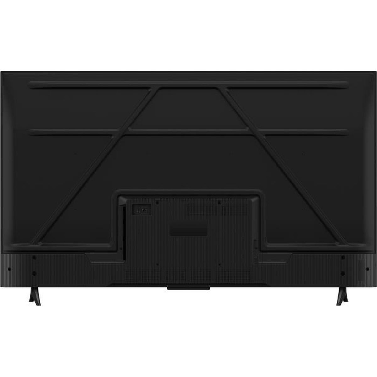 Tył czarnego telewizora z płaskim ekranem na białym tle. Ma ramę podtrzymującą i stoi na dwóch nogach.