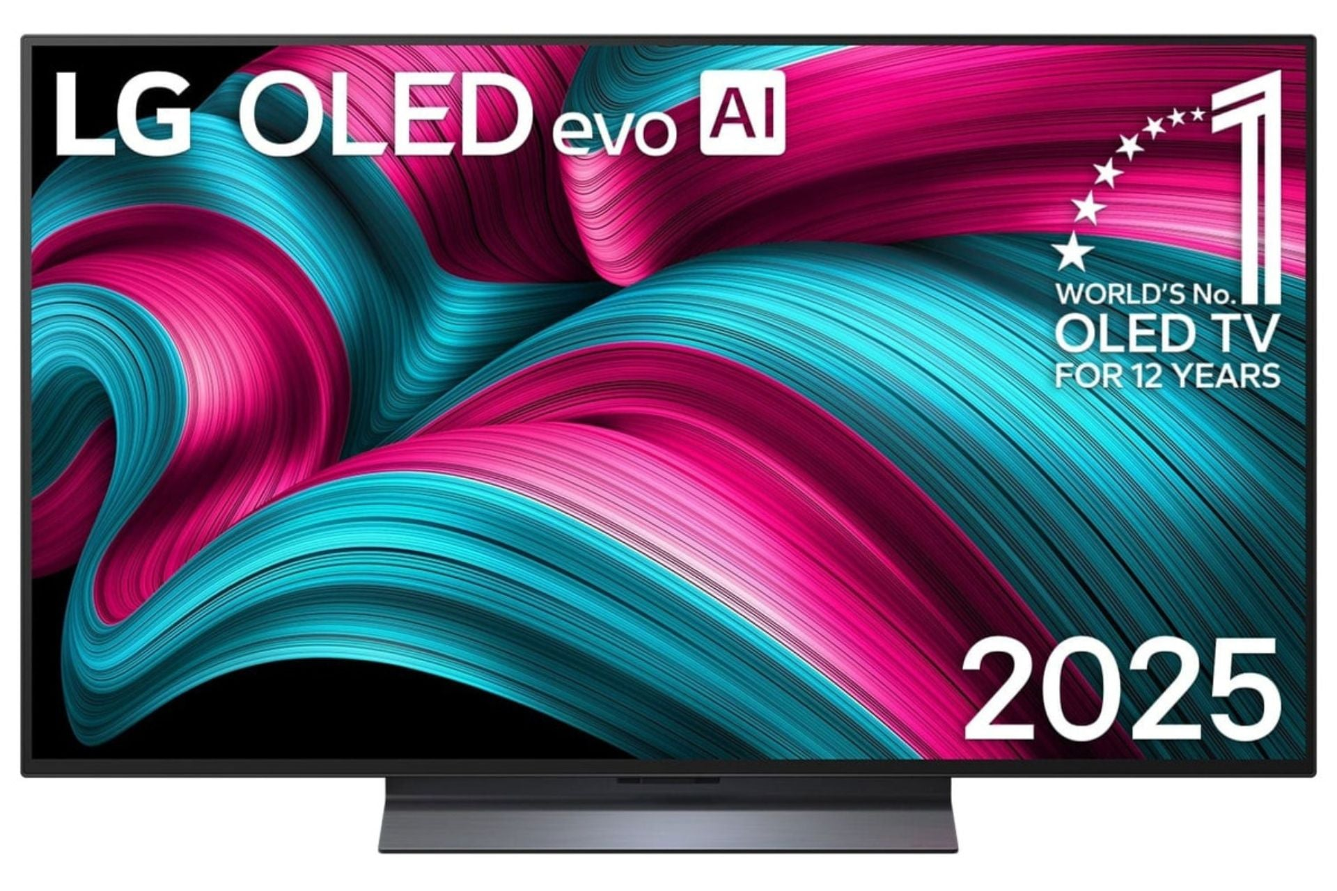 Telewizor LG OLED evo AI. Abstrakcyjny wzór w kolorach różu, niebieskiego i czerni. Najlepszy OLED na świecie od 12 lat. 2025.