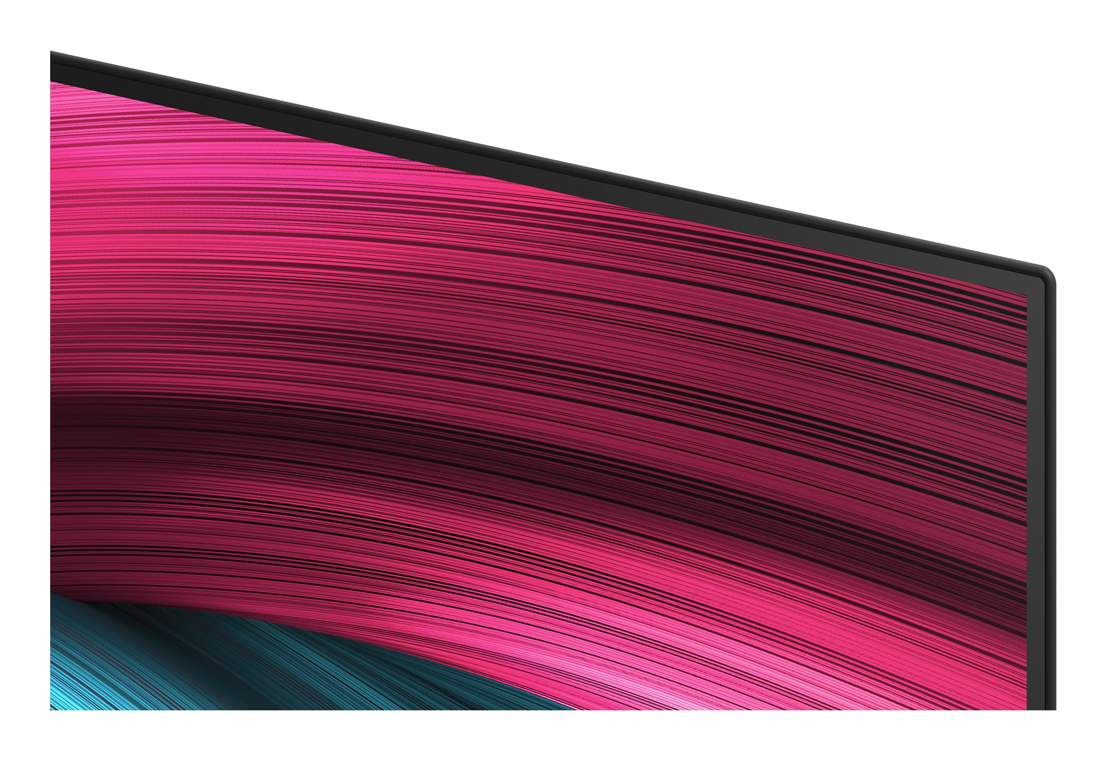 Zbliżenie zakrzywionego ekranu z różowo-czarnym wzorem w paski i czarną ramką.