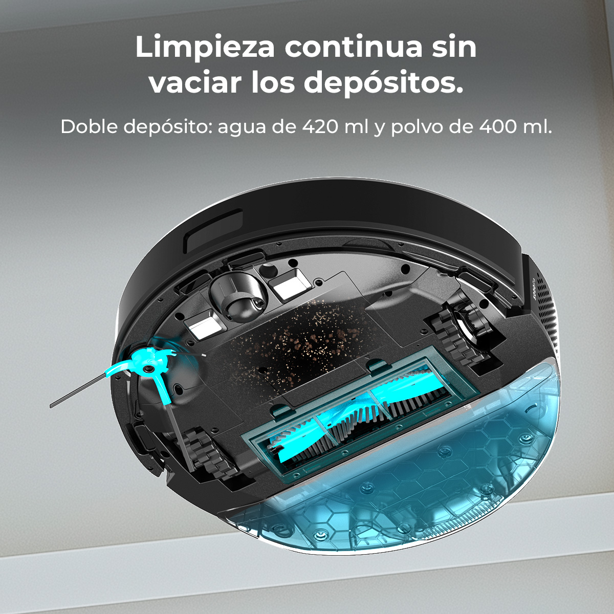 Robot aspirapolvere nero, spazzola e serbatoio dell'acqua blu, con testo: Pulizia continua senza svuotare i serbatoi.