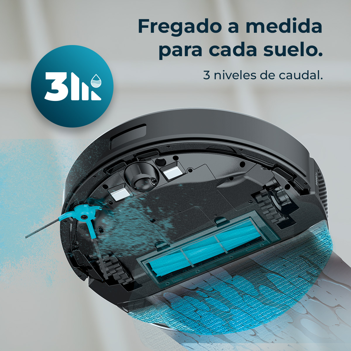 Aspirapolvere robotico che spruzza acqua. Testo: Fregado a medida para cada suelo. 3 niveles de caudal.