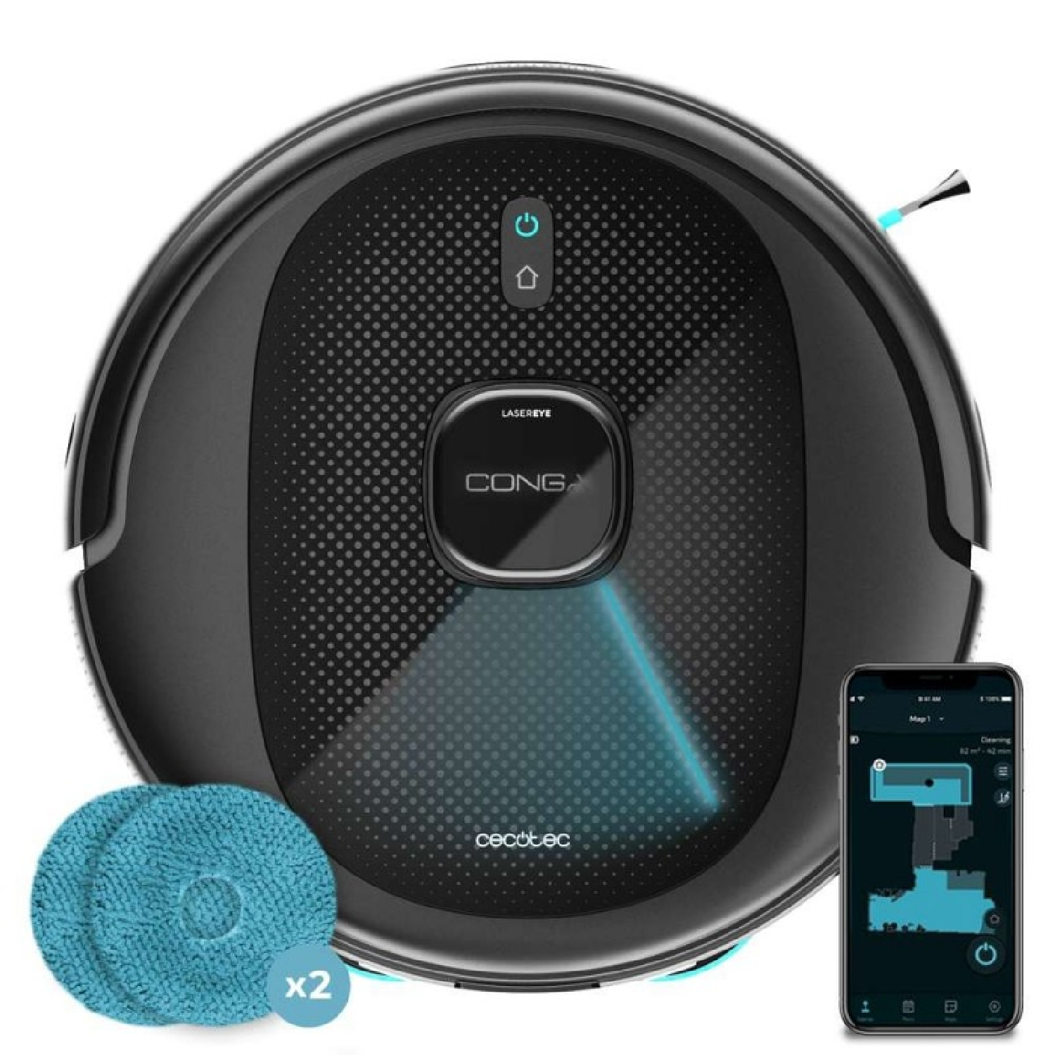 Una aspiradora robot negra con dos almohadillas de limpieza azules y un teléfono inteligente que muestra un mapa de limpieza.