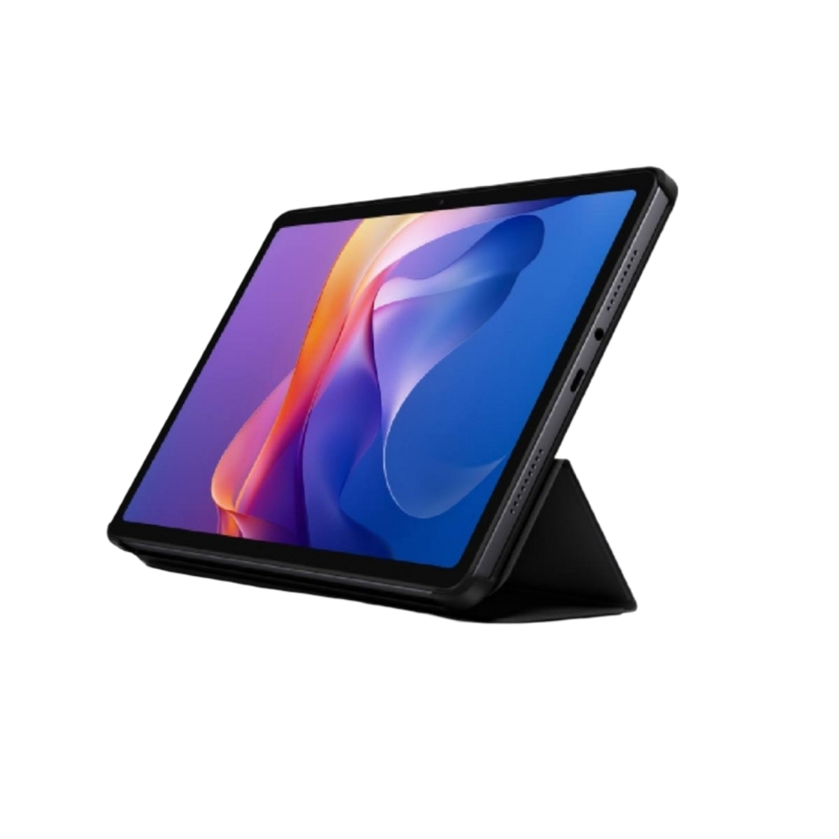 Un tablet con schermo colorato, supportato da una custodia nera. Lo schermo mostra arte astratta blu, viola e arancione.
