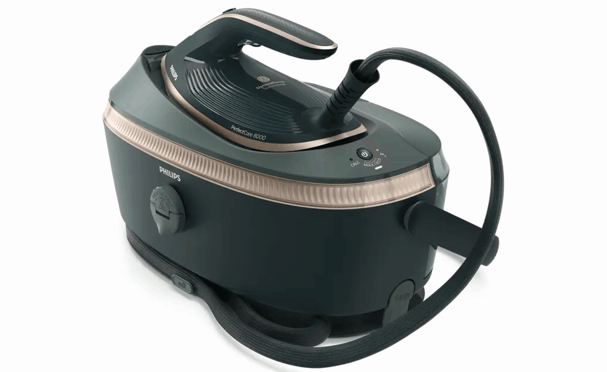 Una plancha de vapor Philips PerfectCare 8000 de color verde azulado oscuro. Cuenta con un asa negra, detalles dorados y un cable negro.