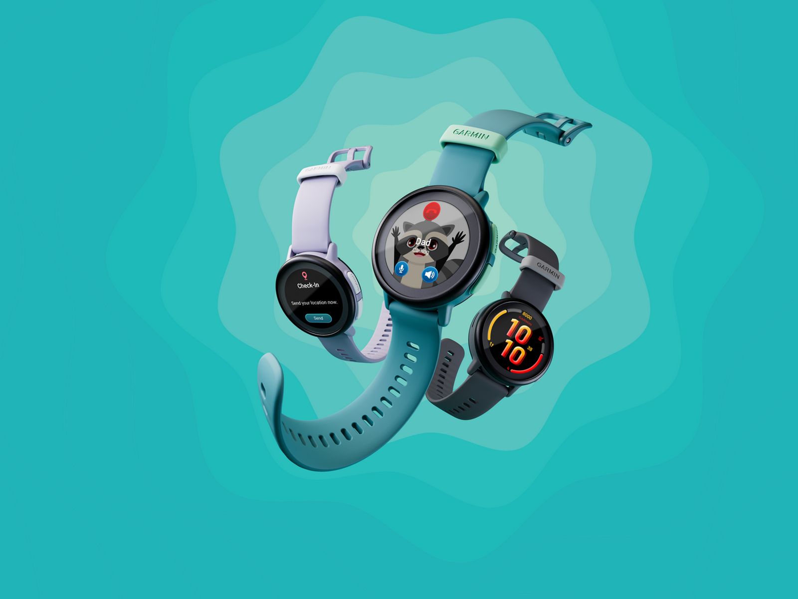 Drei Smartwatches in verschiedenen Farben werden vor einem türkisfarbenen Hintergrund gezeigt. Eines zeigt einen Waschbären, die anderen Infos.