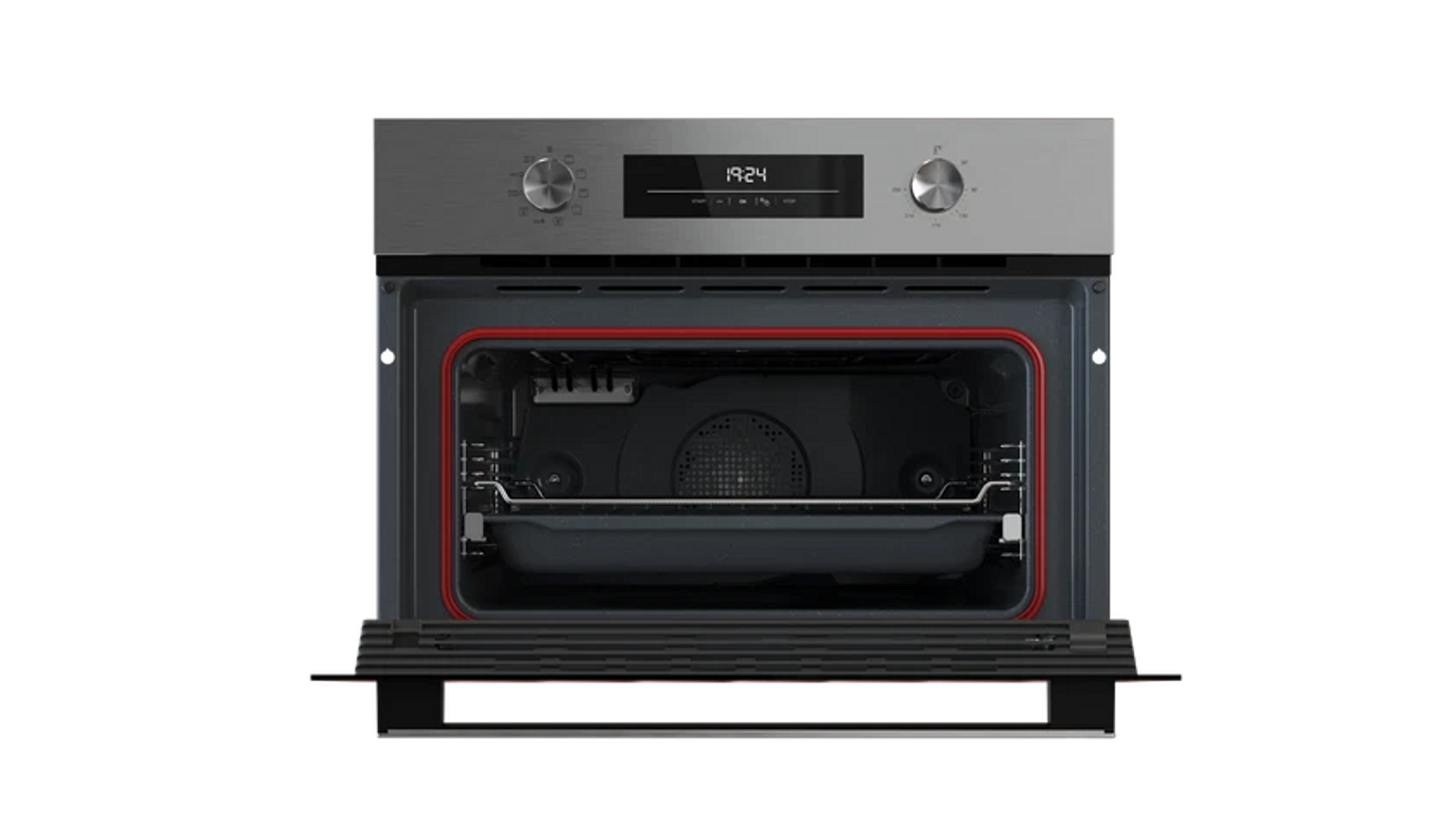 Horno abierto con reloj digital que muestra 19:24. En el interior, una bandeja y un ventilador visibles. La puerta abierta.