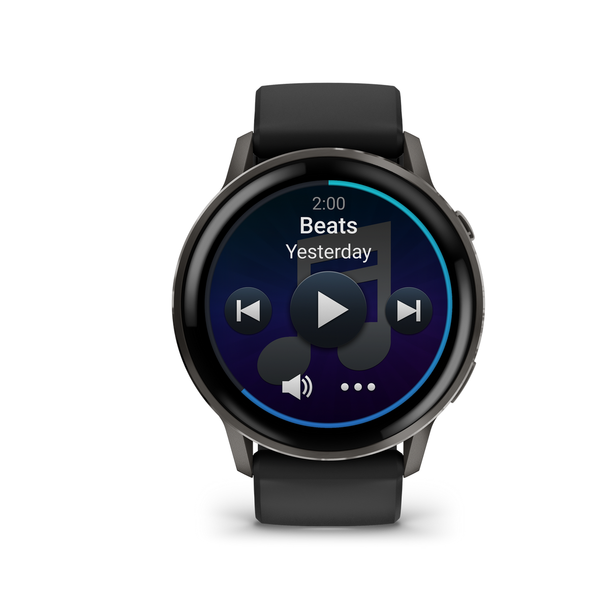 Uno smartwatch mostra un'interfaccia musicale. Lo schermo mostra 'Beats' e un pulsante play. Orologio nero con cinturino nero su sfondo nero.