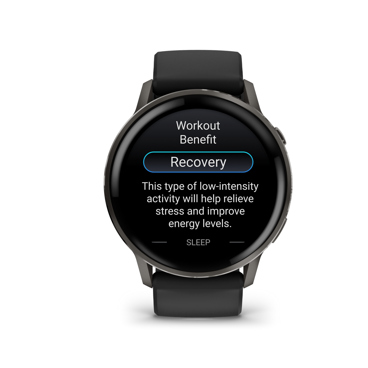 Smartwatch wyświetla 'Korzyści z treningu' z podświetlonym 'Regeneracja'. Tekst wyjaśnia, że aktywność pomaga złagodzić stres i poprawić energię.