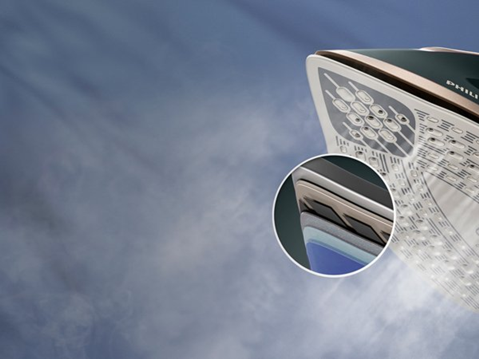 Primer plano de una plancha blanca y verde azulado con diseño. Un círculo muestra capas de materiales.
