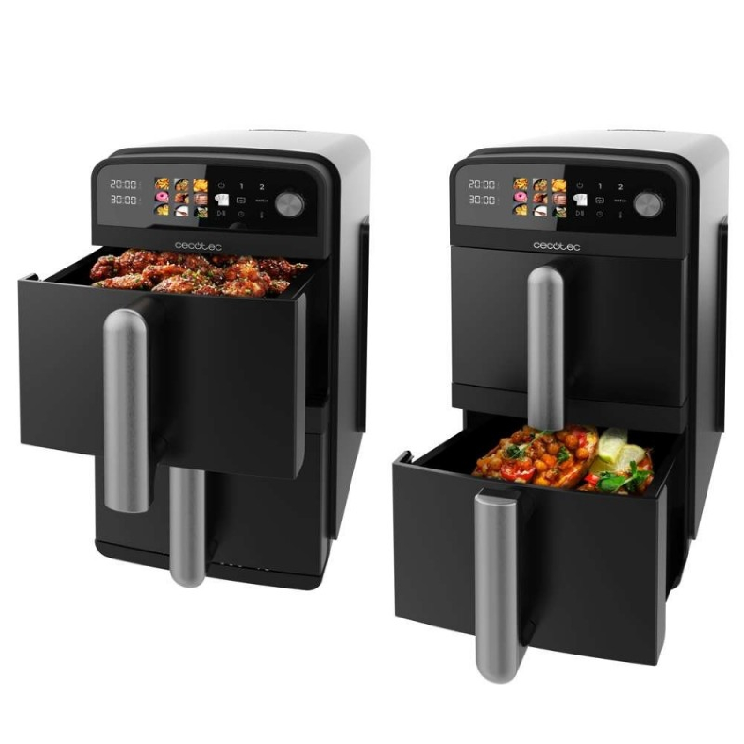 Due friggitrici ad aria Cecotec nere, una aperta con cibo. Entrambe hanno display digitali che mostrano tempo e opzioni di cibo.