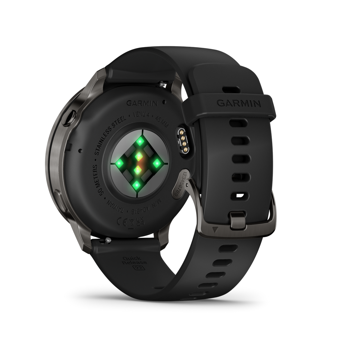 Widok z tyłu smartwatcha Garmin Venu 4, czarny pasek, obudowa ze stali nierdzewnej, czujnik tętna i logo Garmin.