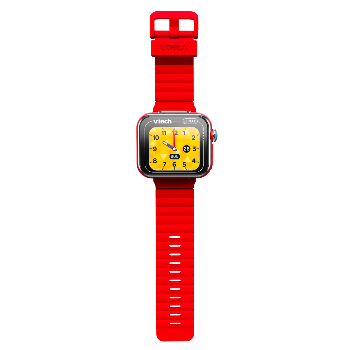 Un reloj inteligente VTech rojo con una esfera amarilla que muestra la hora. El reloj tiene una correa roja y una hebilla.