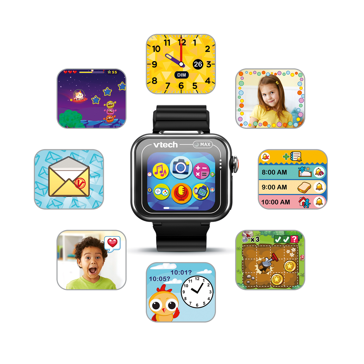 Un reloj inteligente VTech con varios iconos de aplicaciones, incluyendo un reloj, juegos, una foto y la cara de un niño, rodeado de otros iconos.