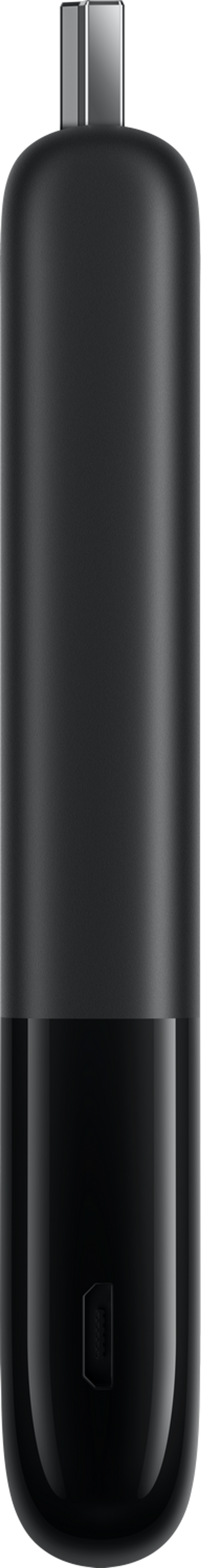Un dispositivo USB-C negro. Es cilíndrico con una base brillante y una sección superior mate. Un conector metálico en la parte superior.