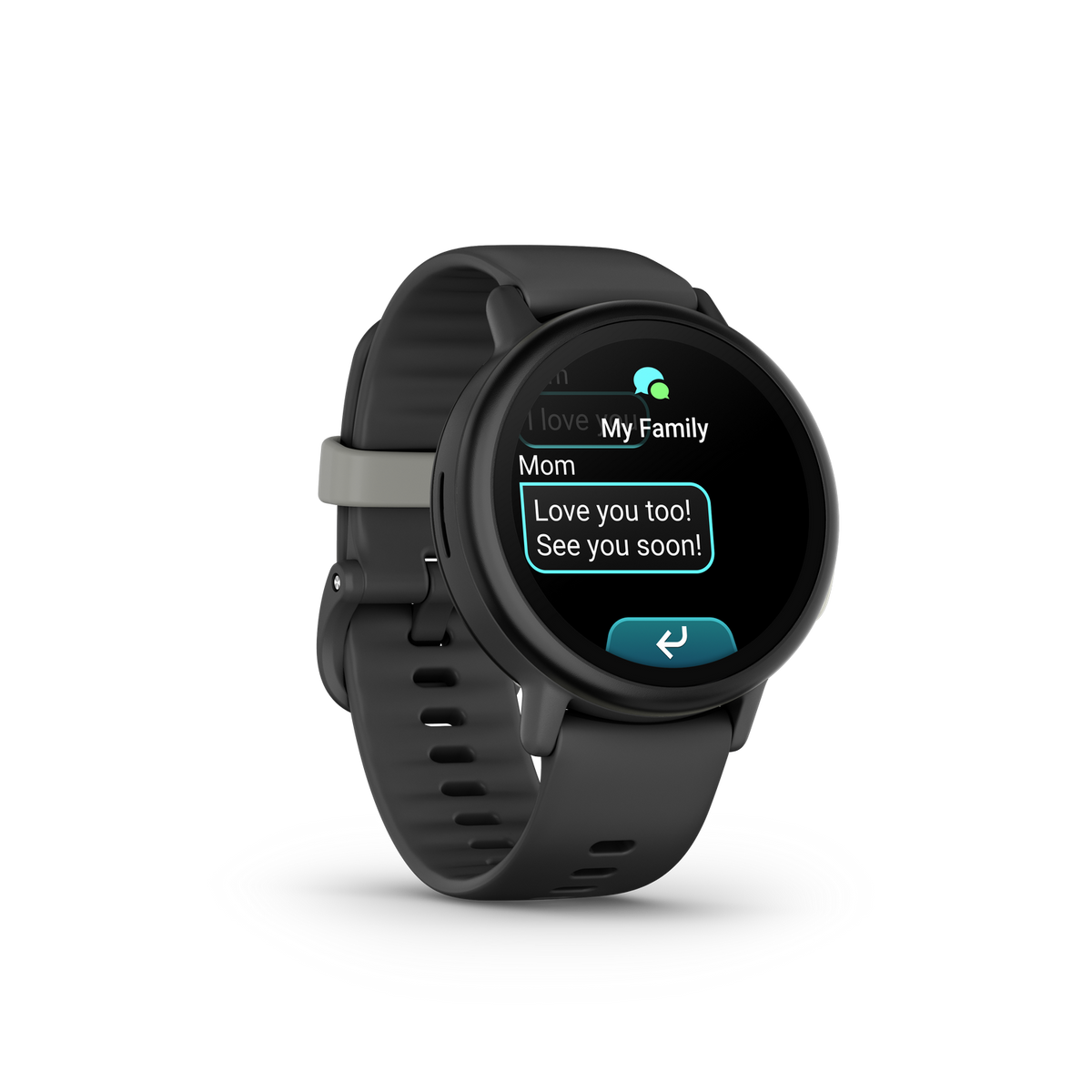 Eine Smartwatch zeigt einen SMS-Austausch mit 'Mom'. Die Uhr ist schwarz mit grauem Armband und schwarzem Hintergrund.