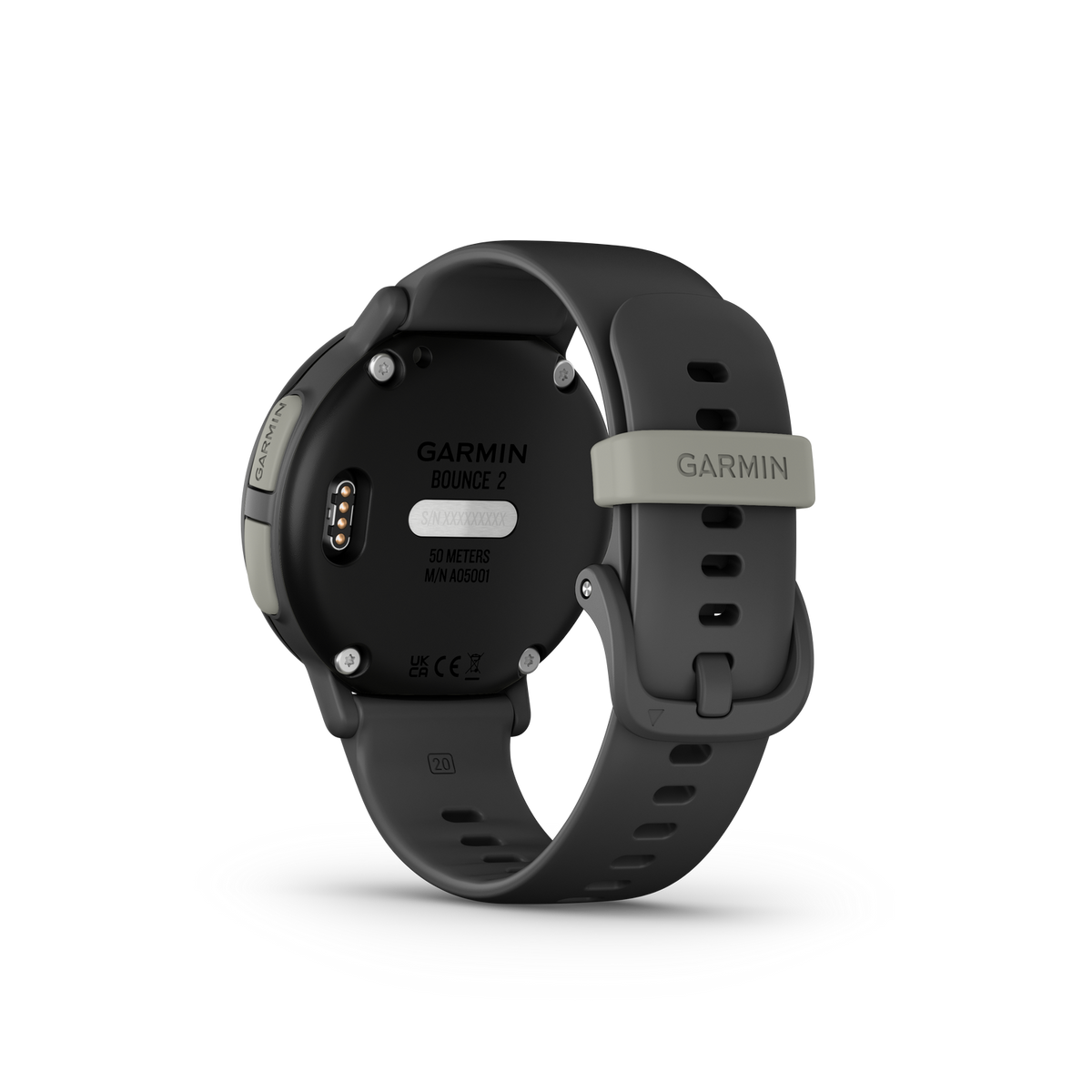 Schwarze Garmin Bounce 2 Smartwatch, graues Armband und Schnalle, schwarzer Hintergrund. Text auf dem Zifferblatt: Garmin, Bounce 2, 50 Meter.