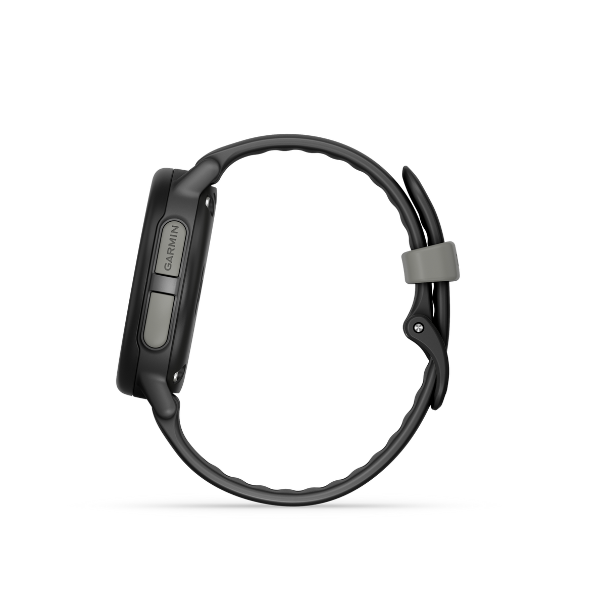 Eine schwarze Garmin-Smartwatch mit grauem Armbandhalter auf schwarzem Hintergrund. Die Uhr wird von der Seite betrachtet und zeigt das Garmin-Logo.