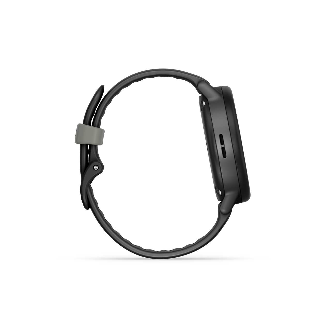 Seitenansicht einer schwarzen Smartwatch mit schwarzem Armband und grauem Verschluss. Der Hintergrund ist schwarz.