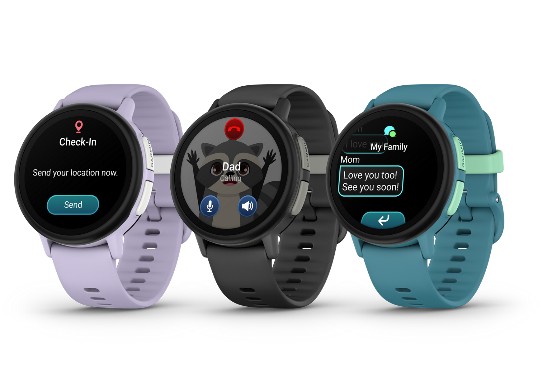 Drei Smartwatches zeigen verschiedene Bildschirme. Einer für Check-in, einer mit einem Waschbären und Dad ruft an, und eine Nachricht von Mom.
