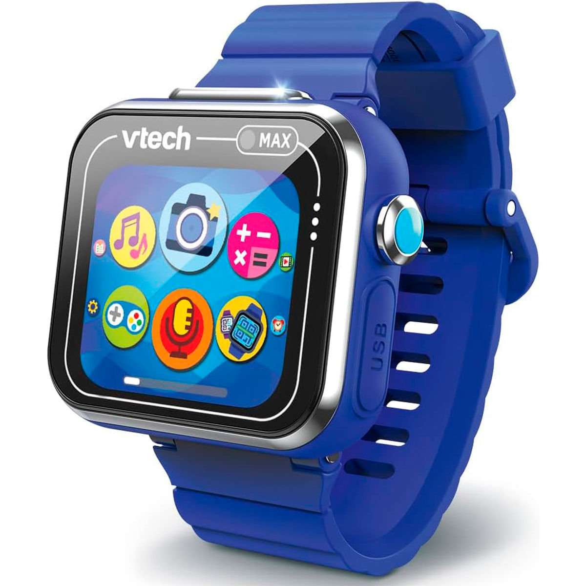 Un reloj inteligente VTech Max azul con pantalla táctil que muestra iconos. Tiene una correa azul y un puerto USB. La esfera muestra diferentes aplicaciones.