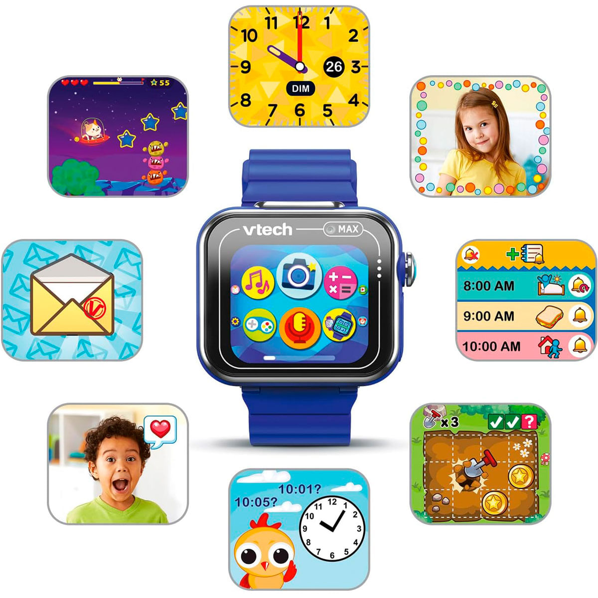 Un reloj inteligente Vtech azul con varios iconos de aplicaciones, rodeado de imágenes de una niña, pantallas de juegos y un reloj.