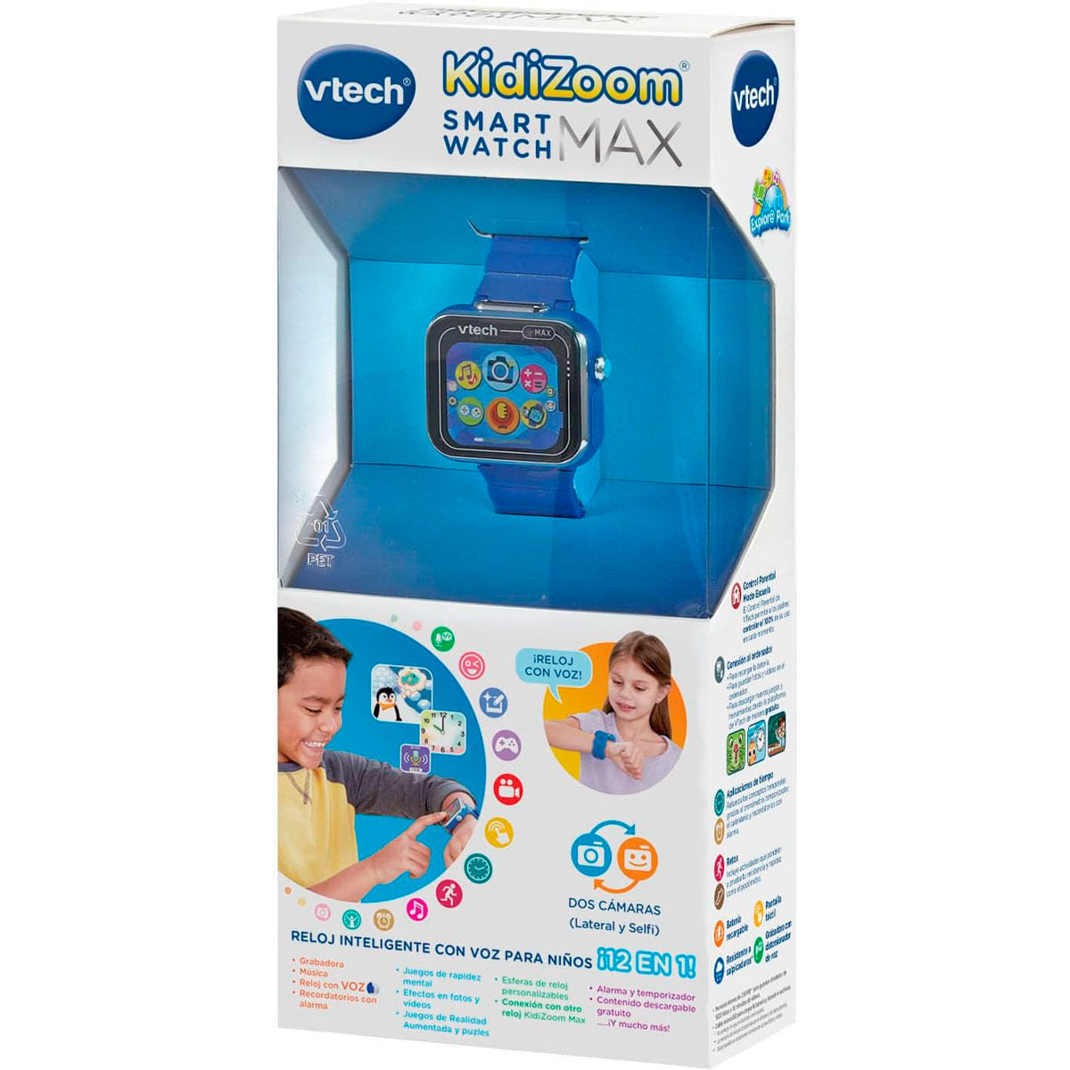 Una caja de Kidizoom Smartwatch Max. Muestra un reloj azul, niños y funciones como cámaras y juegos.