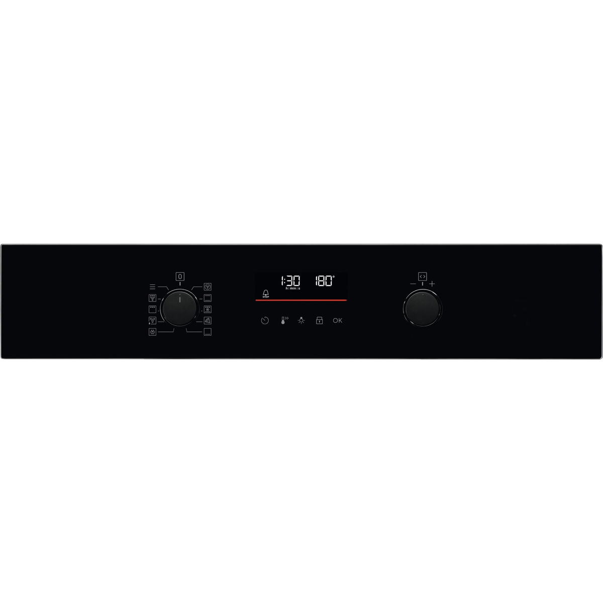 Panel de control de horno negro con pantalla digital que muestra hora y temperatura, y dos mandos.