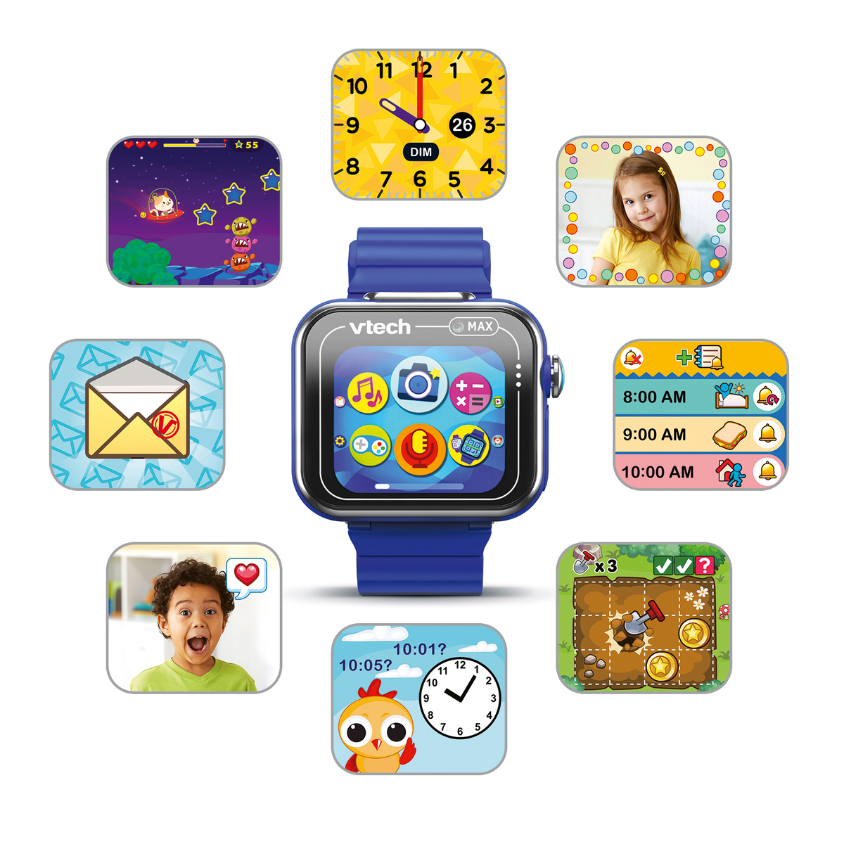 Un reloj inteligente azul con varios iconos de aplicaciones, incluyendo un reloj, un juego, una foto y la imagen de un niño.