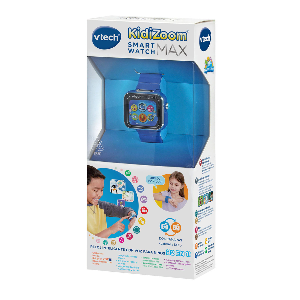 Una caja de VTech Kidizoom Smartwatch Max. Se muestra un reloj azul, con iconos en la pantalla y dos niños con relojes en sus muñecas.