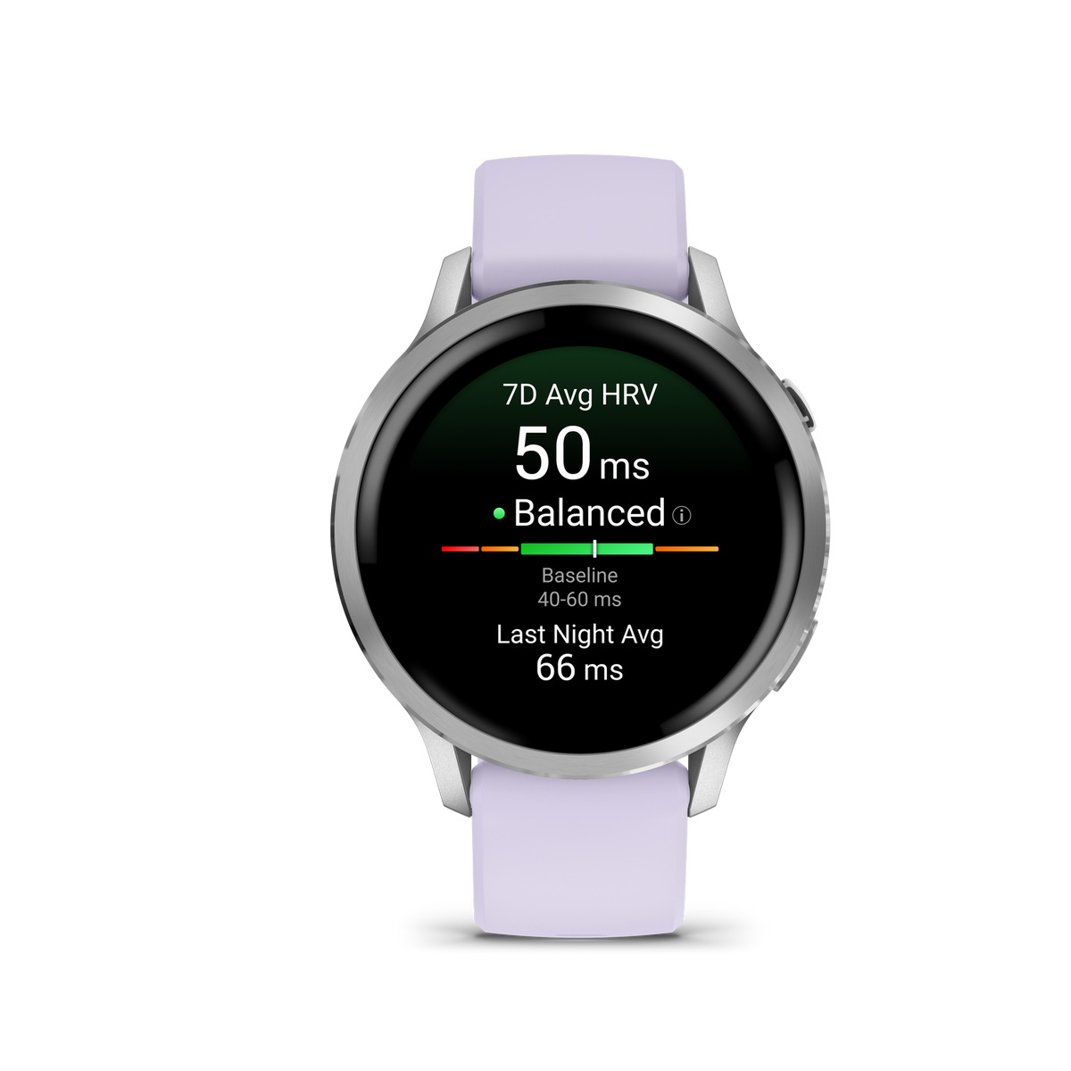 Eine Smartwatch zeigt einen 7D-Avg-HRV-Wert von 50 ms an, gekennzeichnet als „Ausgeglichen“. Sie zeigt eine Baseline und einen nächtlichen Durchschnitt von 66 ms.