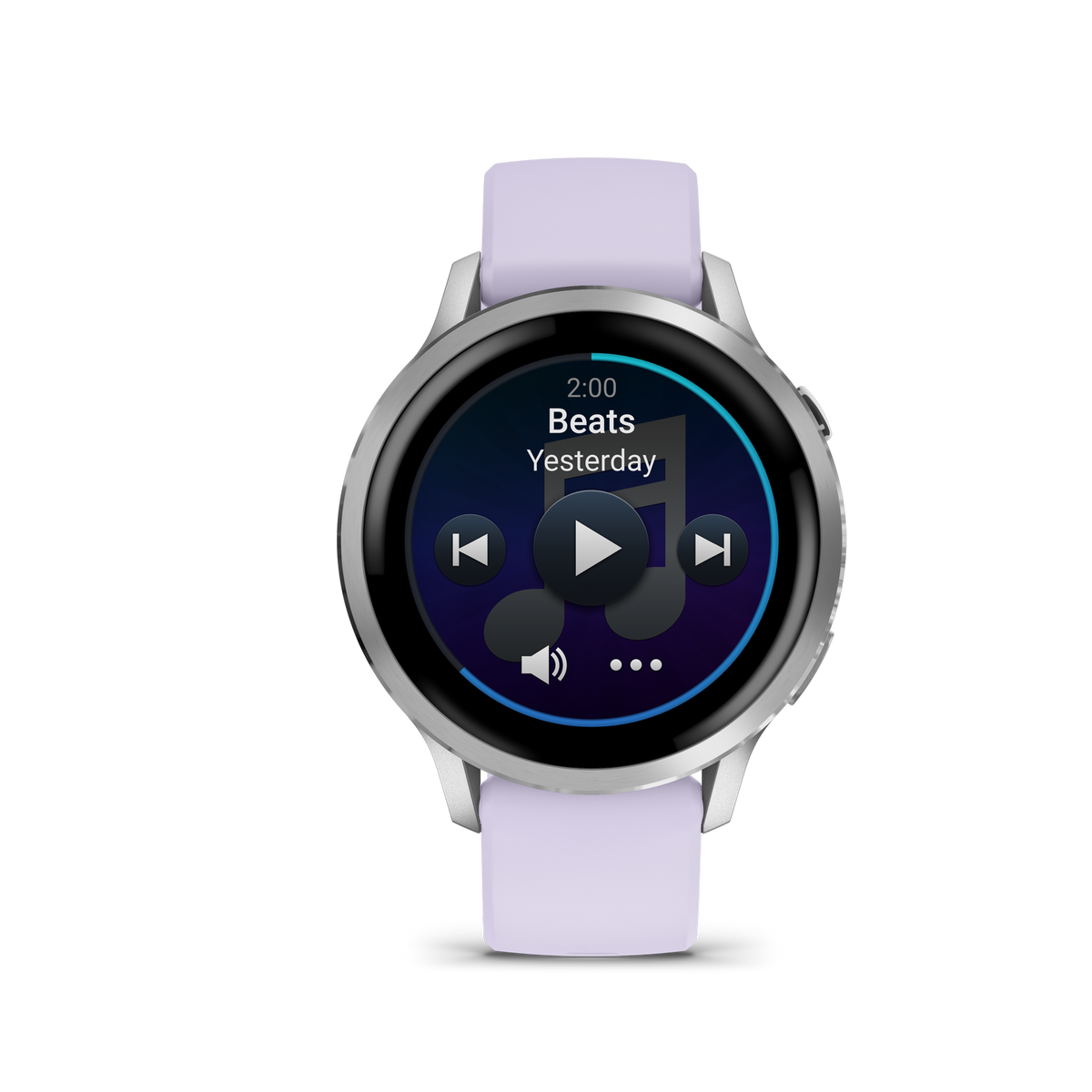 Eine Smartwatch zeigt eine Musikoberfläche an. Sie hat ein silbernes Gehäuse und ein lavendelfarbenes Armband. Der Bildschirm zeigt 'Beats' und Steuerelemente an.