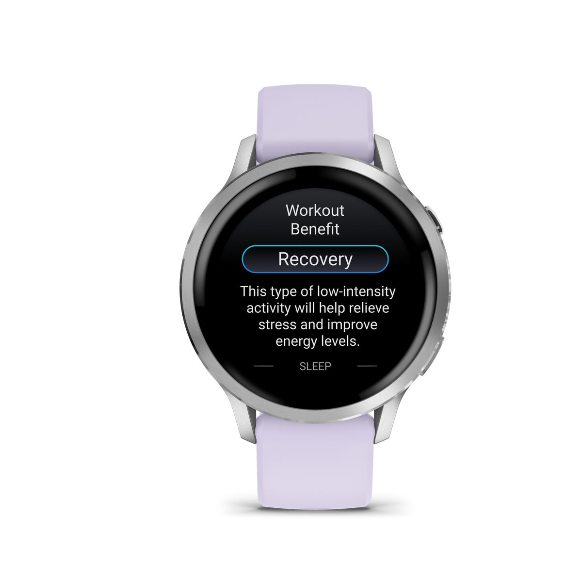 Eine Smartwatch zeigt 'Workout Benefit' an, 'Recovery' ist hervorgehoben. Text erklärt den Nutzen von geringer Intensität für Stress und Energie.