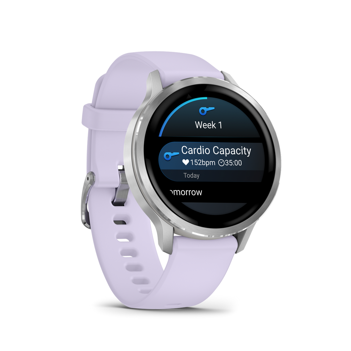 Eine Smartwatch mit lila Armband und schwarzem Bildschirm, der Fitnessdaten anzeigt. Der Bildschirm zeigt 'Cardio Capacity' und Herzfrequenz.