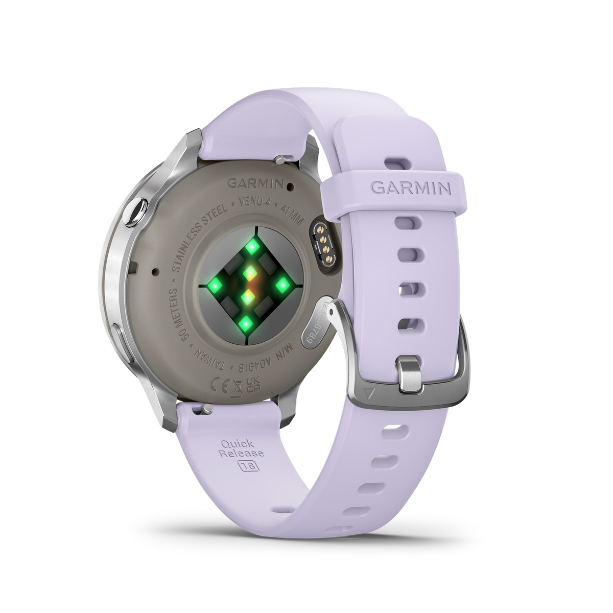 Eine Garmin Venu 4 Smartwatch, lila Armband, Edelstahlgehäuse. Rückseite zeigt Sensoren und technische Details. Schwarzer Hintergrund.