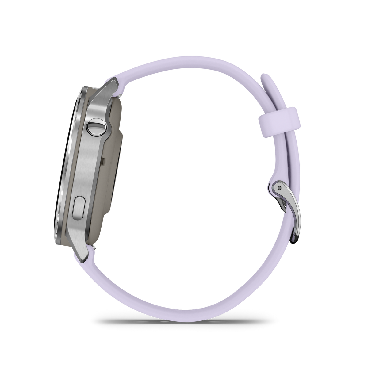 Seitenansicht einer Smartwatch mit silbernem Gehäuse und helllila Armband, vor schwarzem Hintergrund.