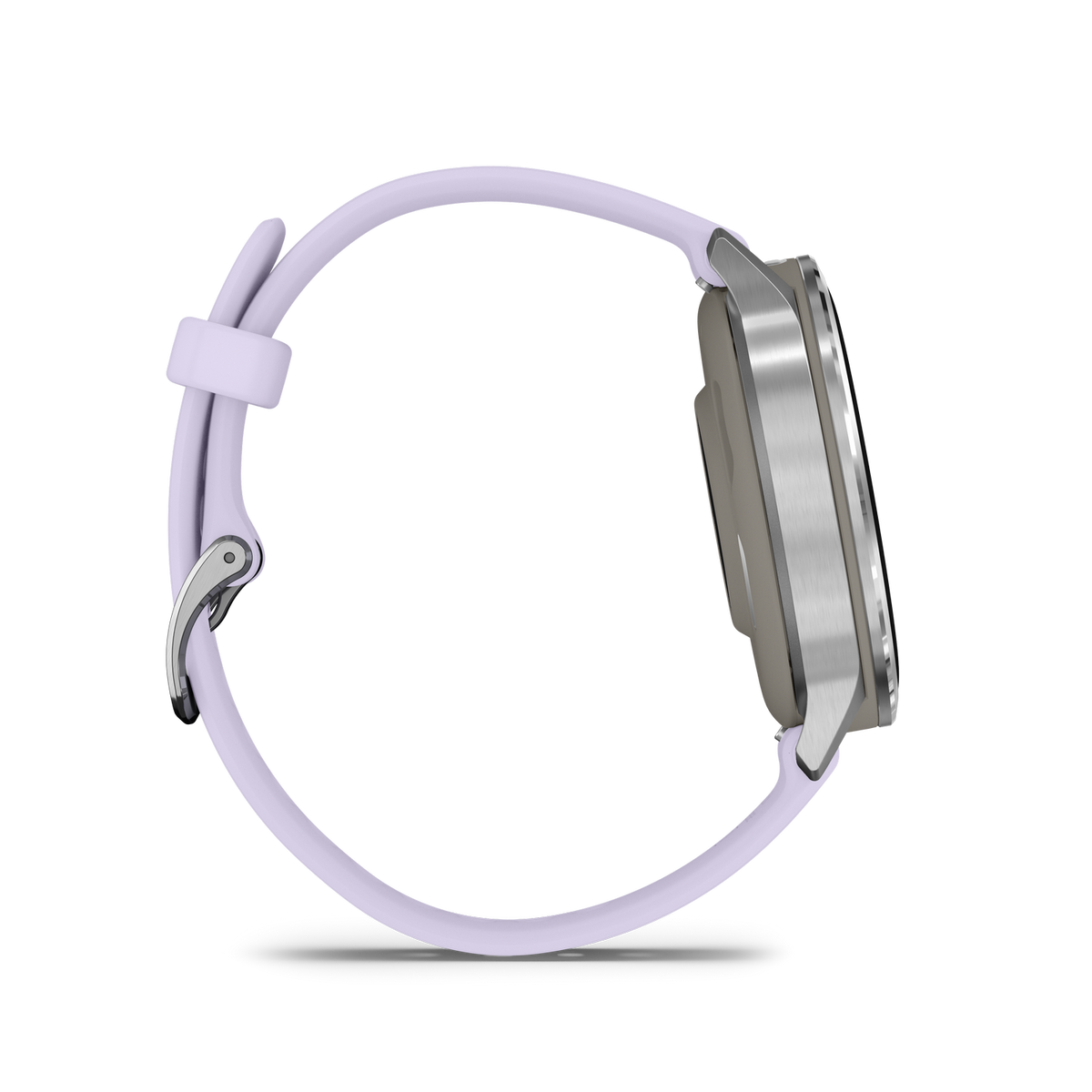 Seitenansicht einer Smartwatch mit silbernem Gehäuse und helllila Armband. Der Hintergrund ist schwarz.