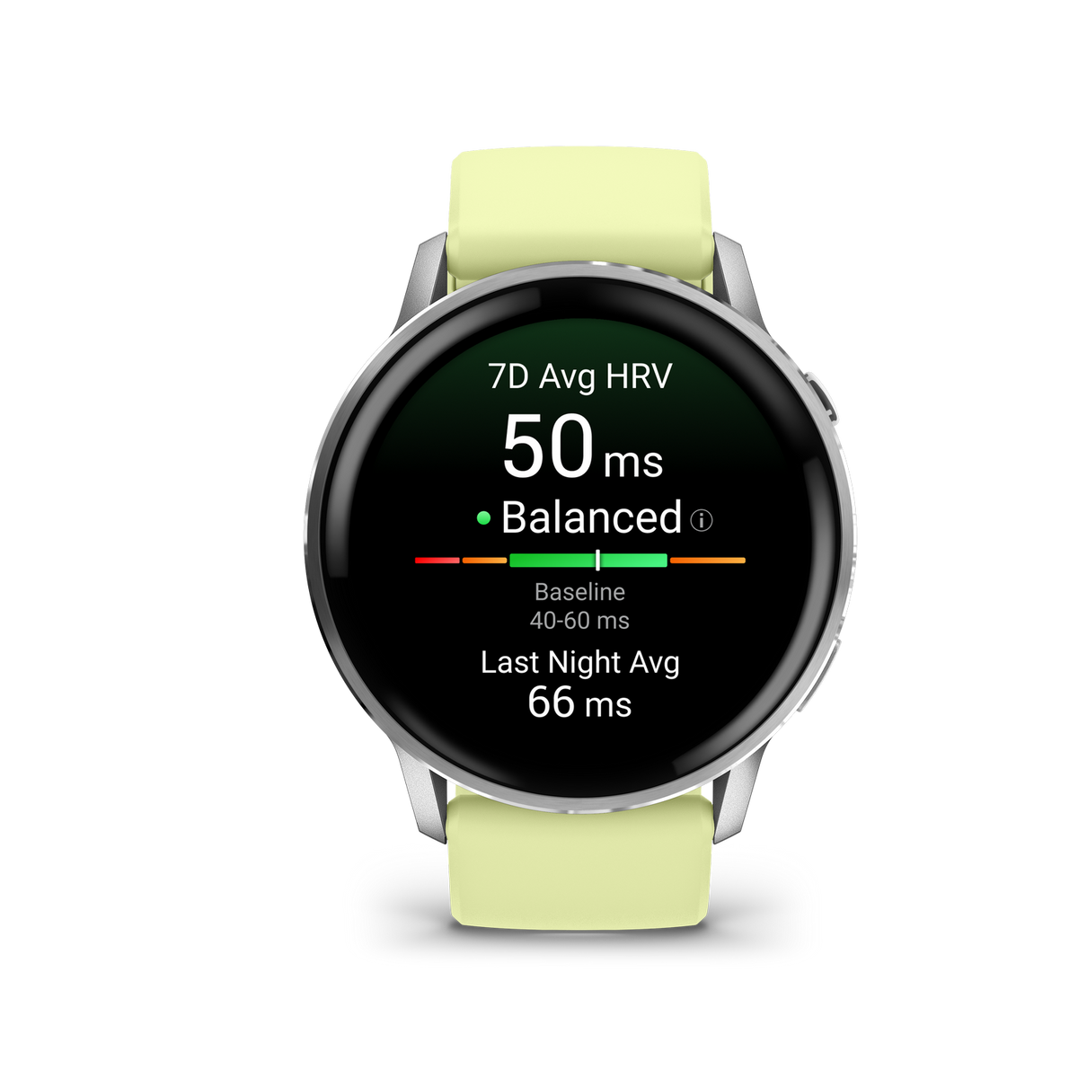 Smartwatch mit grünem Display, das 7D Avg HRV von 50 ms anzeigt, beschriftet mit 'Balanced'. Die Uhr hat hellgrüne Armbänder.