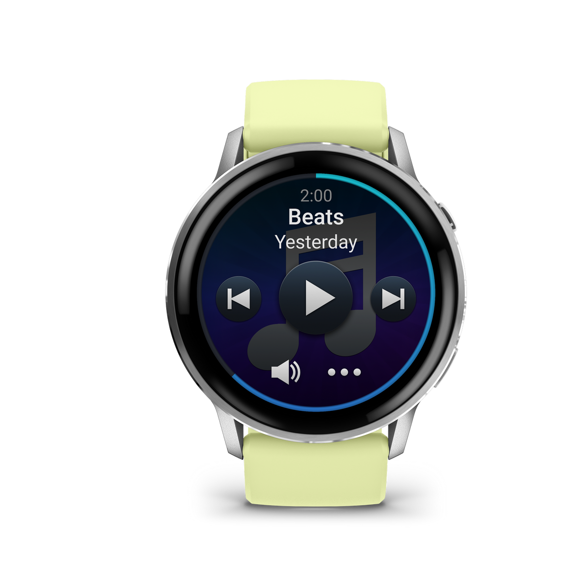 Eine Smartwatch zeigt eine Musikoberfläche an. Der Bildschirm zeigt eine Play-Schaltfläche und Songinformationen vor blauem und violettem Hintergrund.