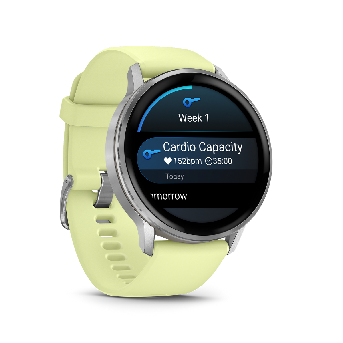Eine gelbe Smartwatch zeigt "Cardio Capacity" mit Herzfrequenz und Zeit auf schwarzem Hintergrund. Die Uhr liegt auf einer schwarzen Oberfläche.