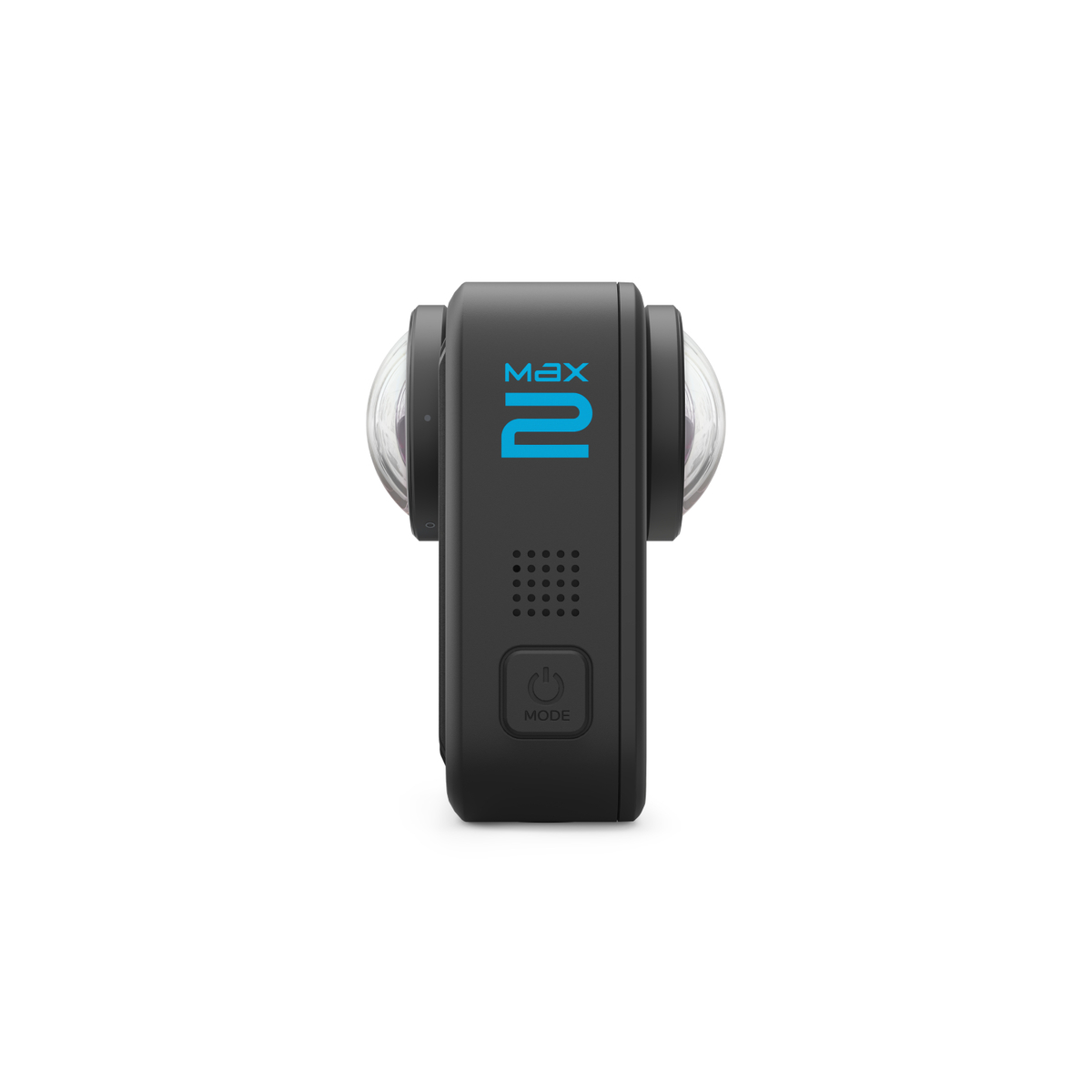 Schwarze GoPro MAX 360-Kamera. Sie hat zwei Objektive. Das Wort MAX und die Zahl 2 sind blau. Die Modustaste ist sichtbar.
