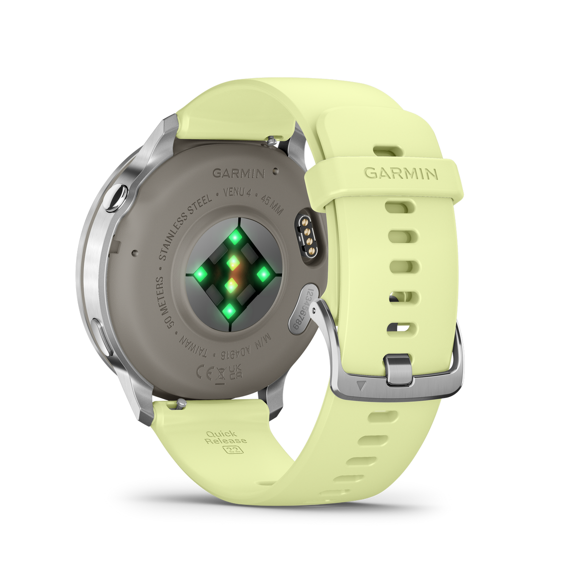 Rückansicht einer Garmin Venu 4 Smartwatch. Sie hat ein gelbes Armband, ein graues Zifferblatt und einen Herzfrequenzsensor mit grünen Lichtern.
