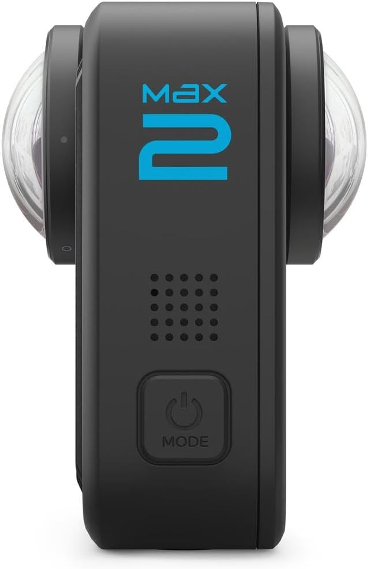 Eine schwarze GoPro Max 2 Kamera. Sie hat zwei Objektive. Die Zahl 2 ist blau. Das Wort MAX steht über der Zahl 2.