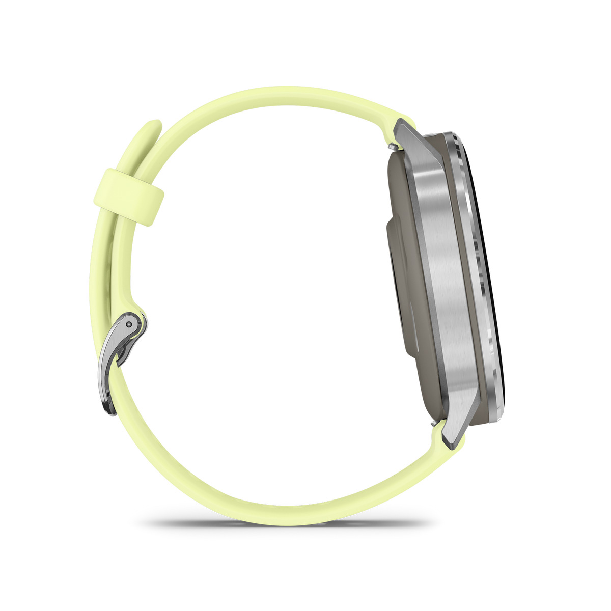 Seitenansicht einer Smartwatch mit hellgelbem Armband und silberfarbenem Zifferblatt. Der Hintergrund ist schwarz.