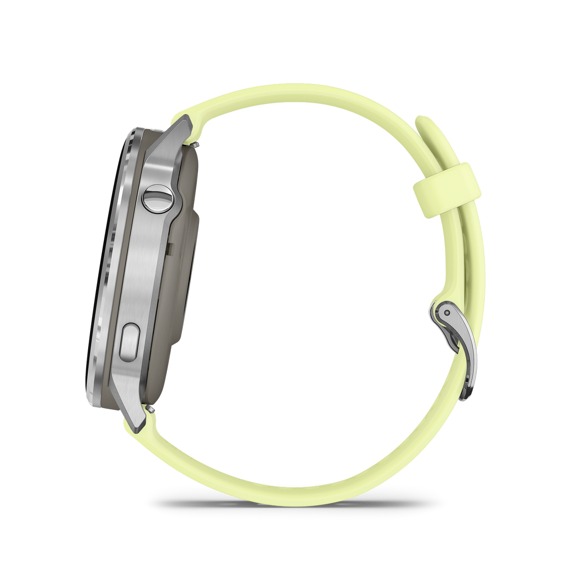 Seitenansicht einer Smartwatch mit hellgelbem Armband und silbernem Rahmen. Die Uhr befindet sich auf schwarzem Hintergrund.