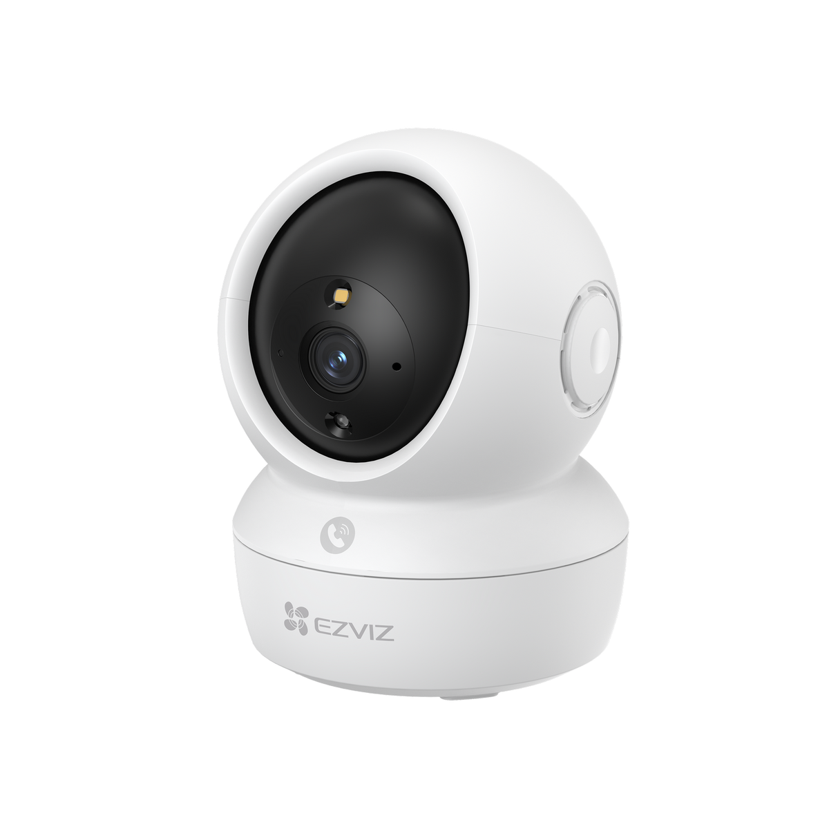 A white and black EZVIZ security camera. It has a round head with a black lens and a white base, on a black background.