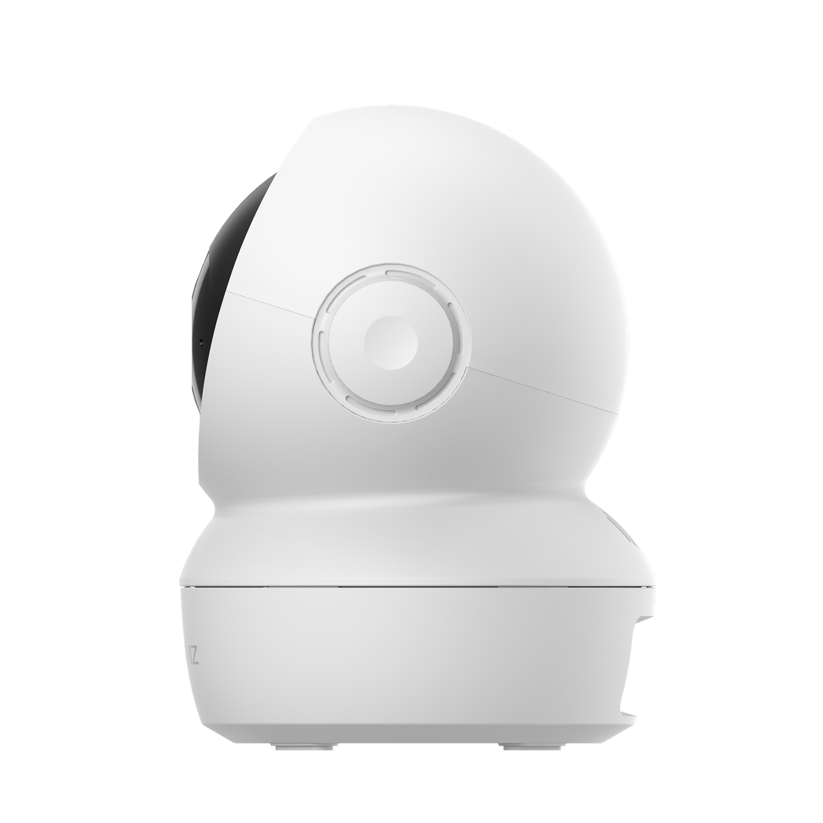 A white security camera with a rounded top and a circular design on the front. It is set against a black background.