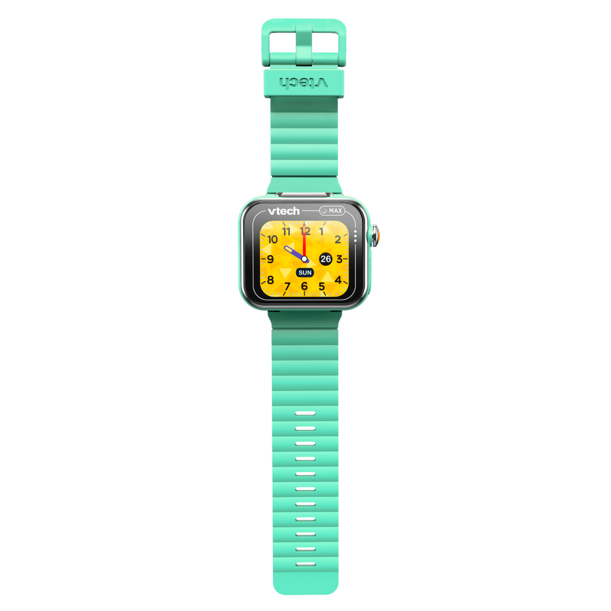 Un reloj inteligente Vtech verde menta. Tiene una esfera amarilla que muestra la fecha. La correa es acanalada. El reloj está sobre un fondo blanco.