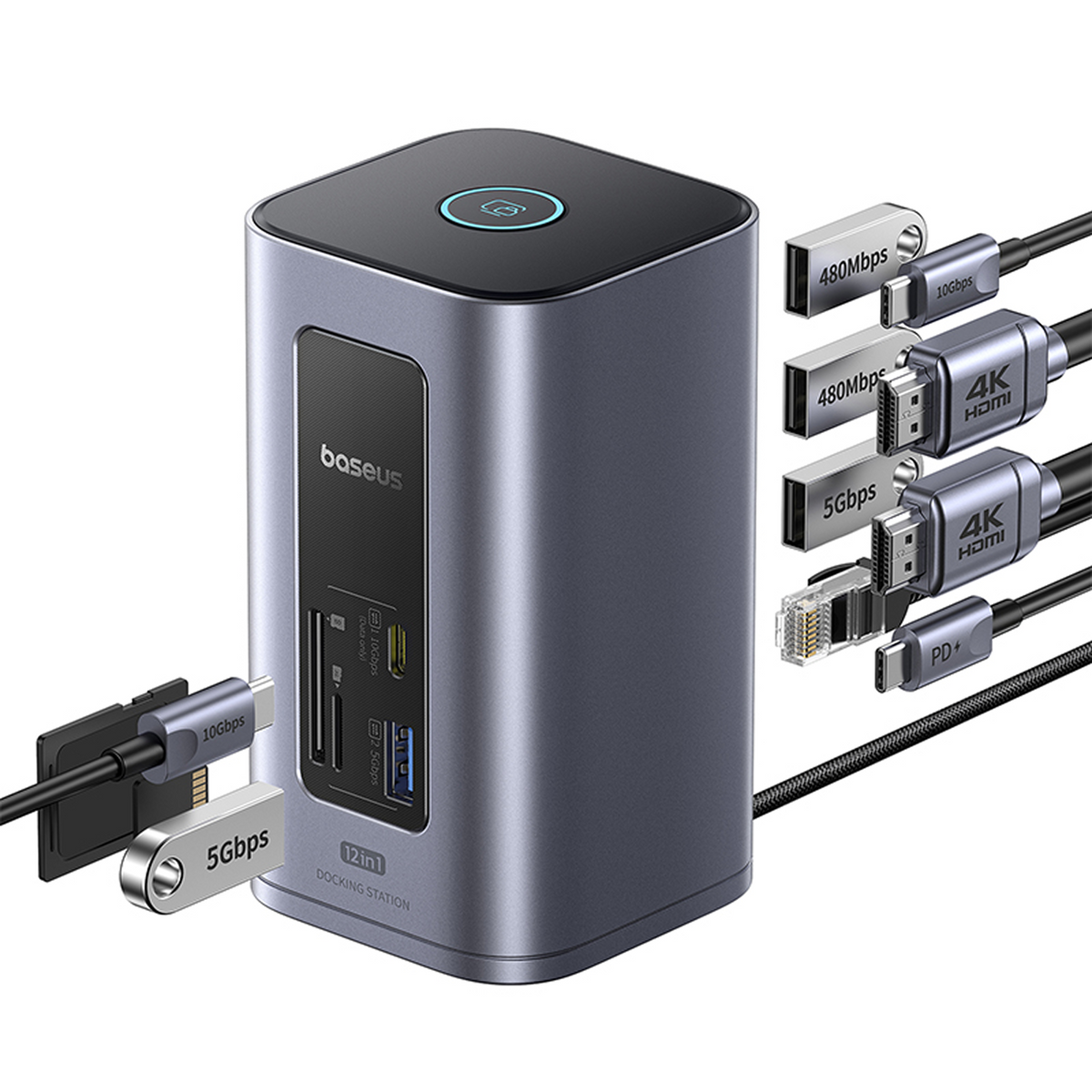 Una docking station grigia con più porte e cavi collegati, tra cui HDMI e USB, con marchio 'baseus'.