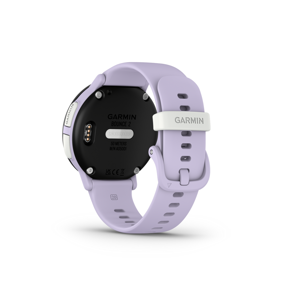 Eine Garmin Bounce 2 Smartwatch in Hellviolett. Die Uhr hat ein schwarzes Zifferblatt mit dem Markennamen. Das Armband ist hellviolett.